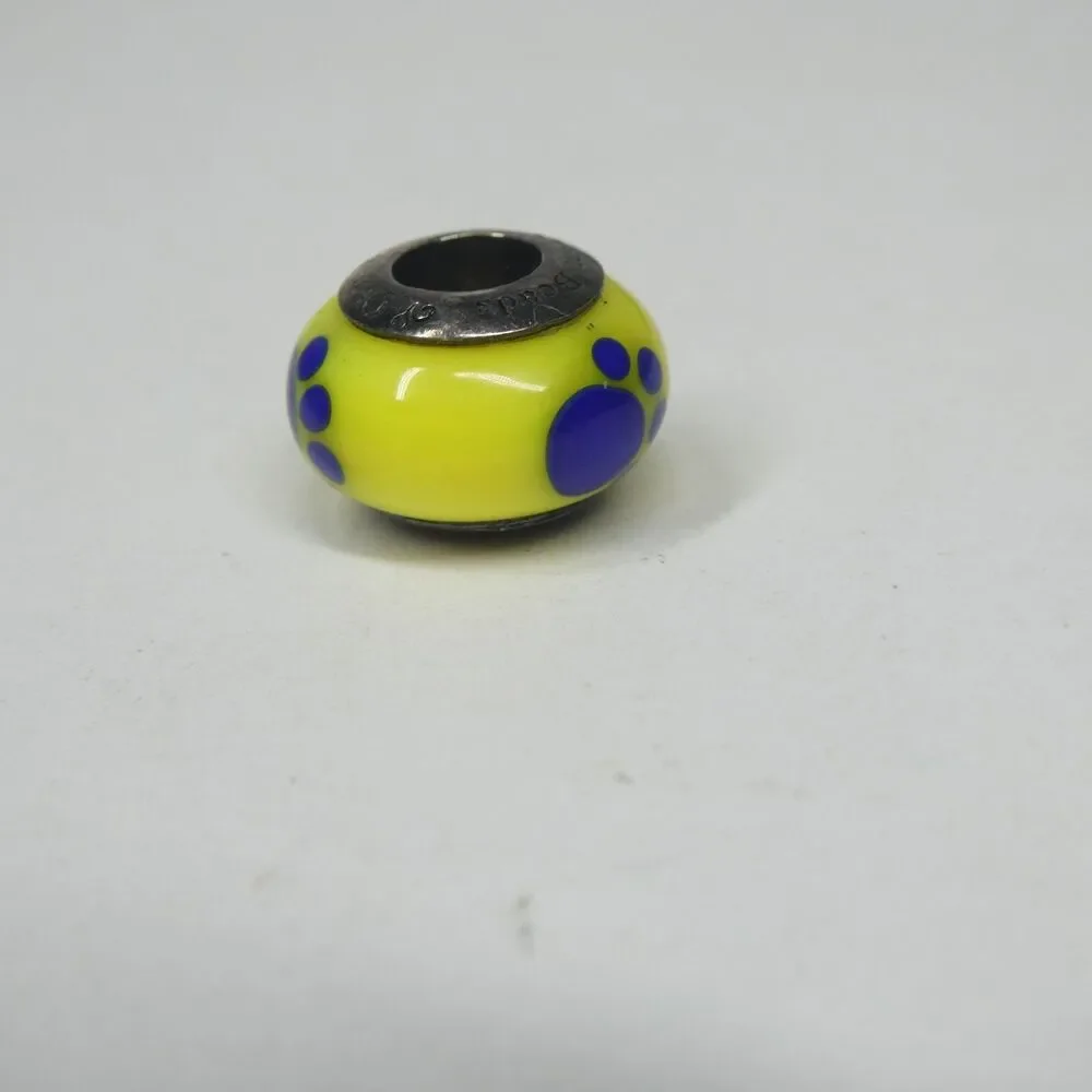 Ohm Glass Bead Blue Yellow Paw Print Dog 925 Sterling Silver Charm